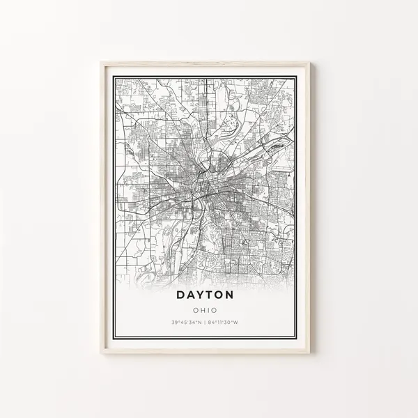 Dayton City Map Art Poster, Modern Black and White