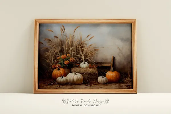 Vintage Pumpkin Still Life, Rustic Autumn Art Print