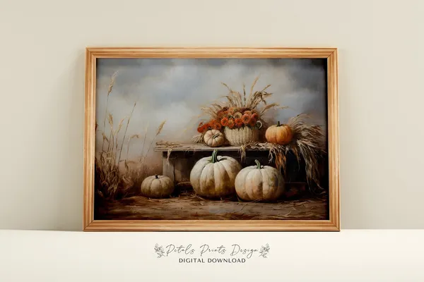 Pumpkin Still Life Painting Rustic Autumn Wall Art