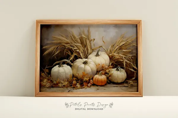 Vintage Pumpkin Still Life Painting Rustic Autumn Wall Art