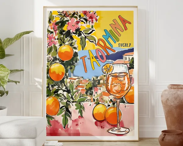 Taormina Sicily Italy Travel Poster, Retro Vista
