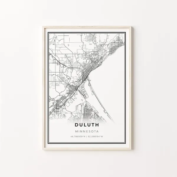 Duluth City Map Art Print, Modern Black And White