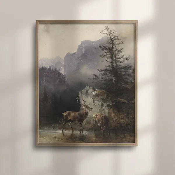 Rustic Deer and Mountain Landscape, Vintage Art Print