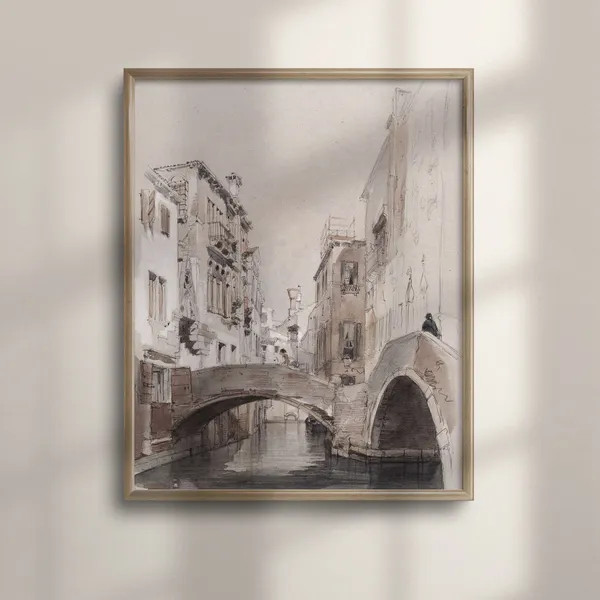 Venice Canal Sketch Vintage Neutral Watercolor Art Print
