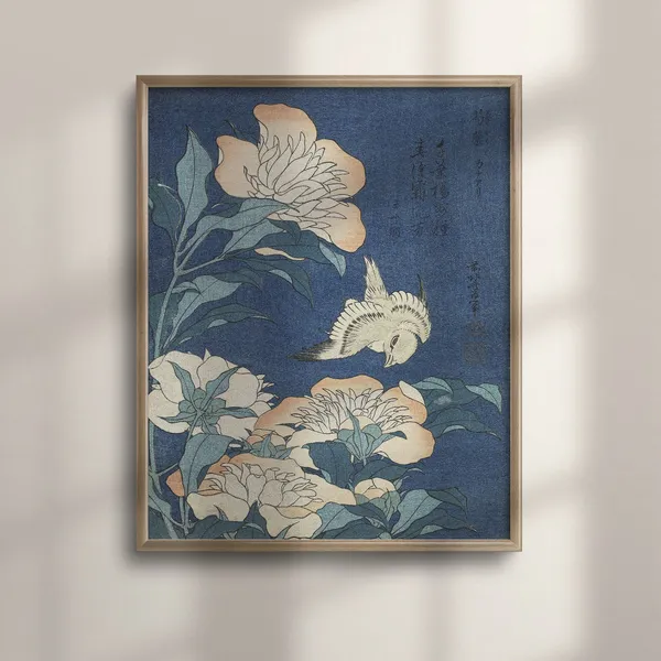 Katsushika Hokusai Canary and Peonies Ukiyo-E Art Print