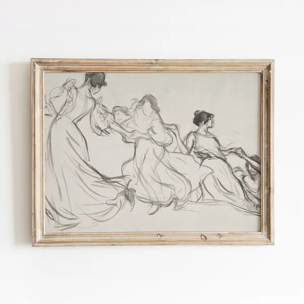 Women Sketch Vintage Watercolor Line Drawing Art Print