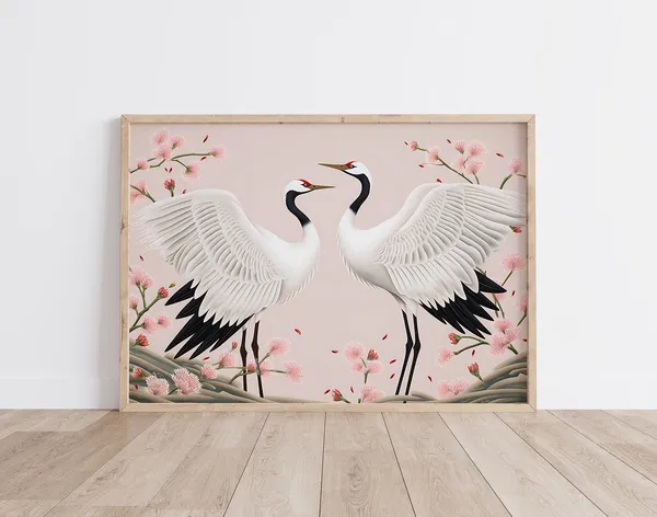 Japanese Crane Birds Illustration, Boho Art Print