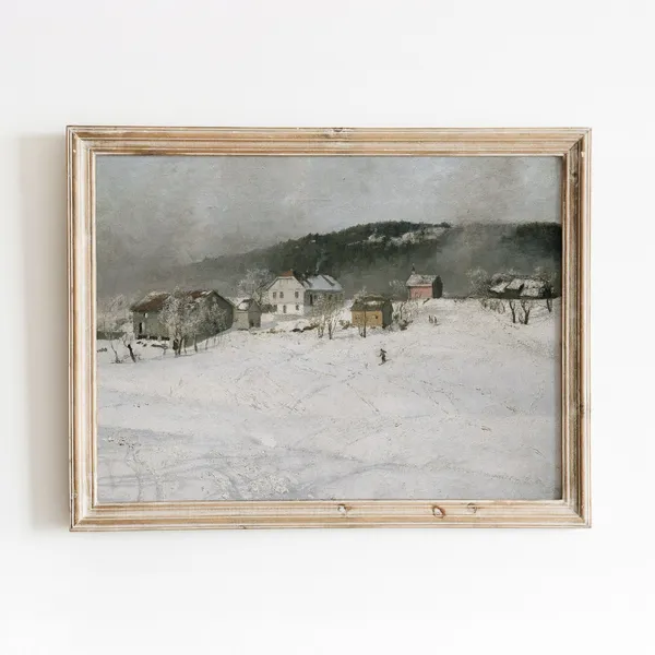 Winter Village Landscape Vintage Snowy Scene Art