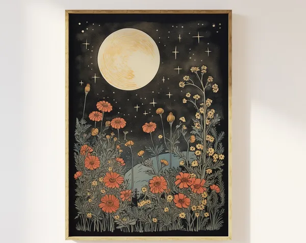 Moon and Flowers Vintage Block Print Art Print