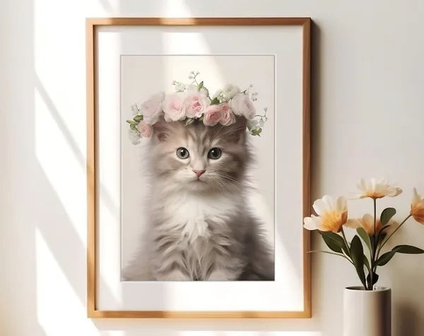 Kitten With Floral Crown Nursery Wall Art Print