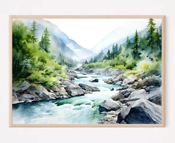 Mountain River Watercolor Landscape, Minimalist Art Print