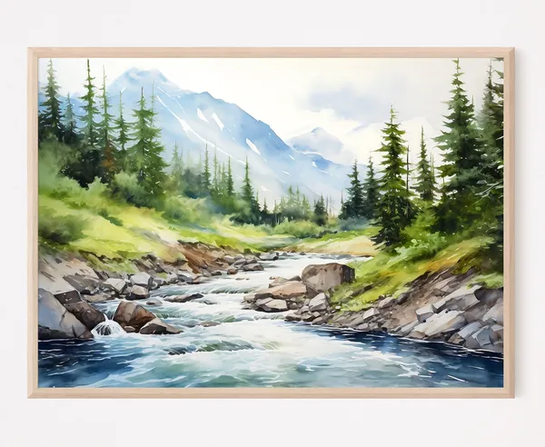 Mountain River Watercolor Pine Forest Wall Art Print