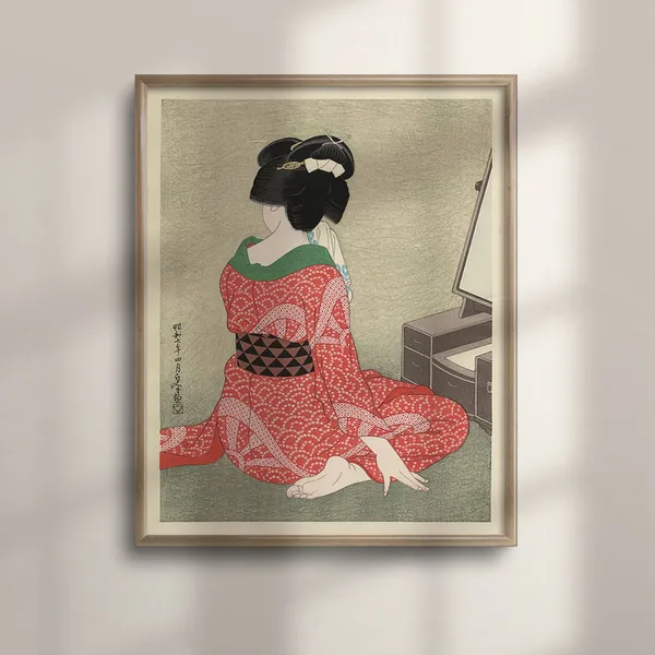 Elegant Woman In Red Shibori Kimono, Ukiyo-E Art Print