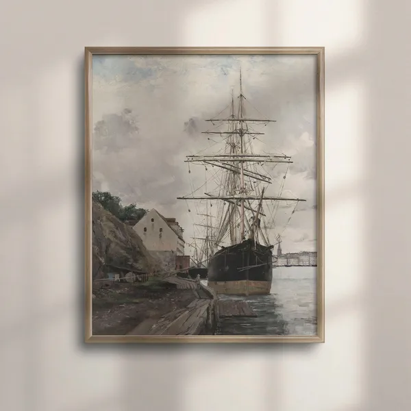 Vintage Coastal Harbor Oil Painting Travel Poster