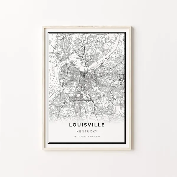 Louisville City Map Art Print, Modern Black and White