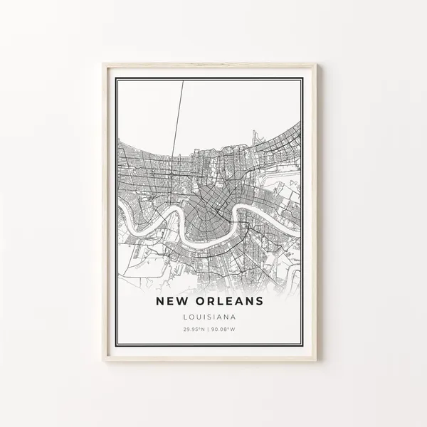 New Orleans City Map Art Print, Modern Black and White
