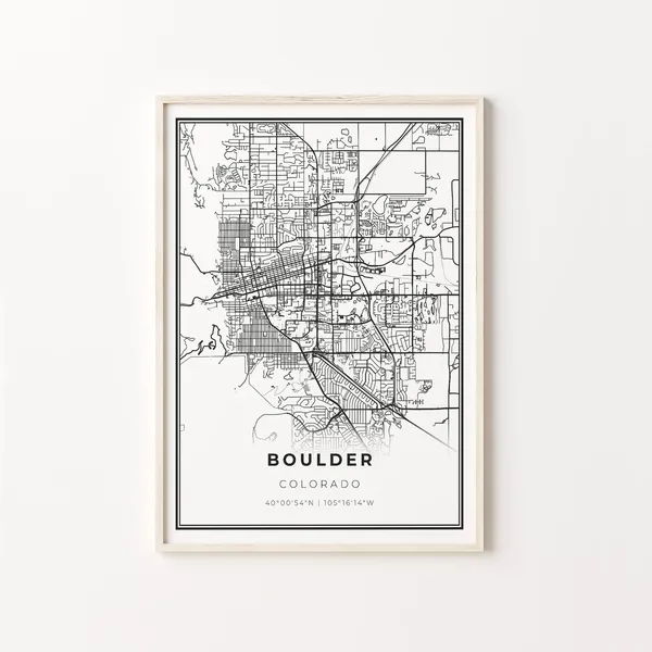 Boulder City Map Art Poster, Modern Black And White