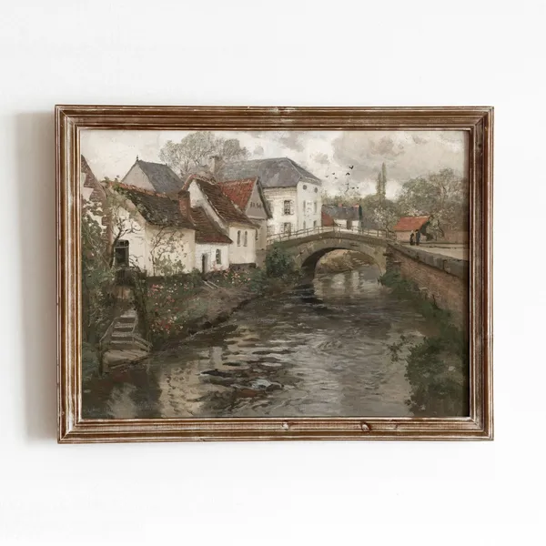 Belgian Village Canal Vintage Travel Poster, Cityscape