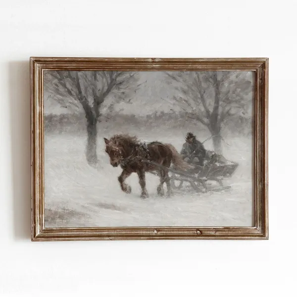 Gusty Sleigh Ride Vintage Horse Winter Art Print