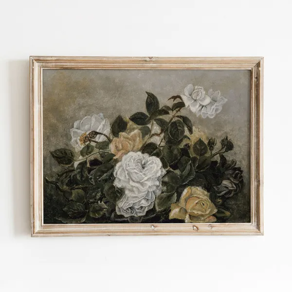 White Yellow Roses Vintage Floral Still Life Art Print