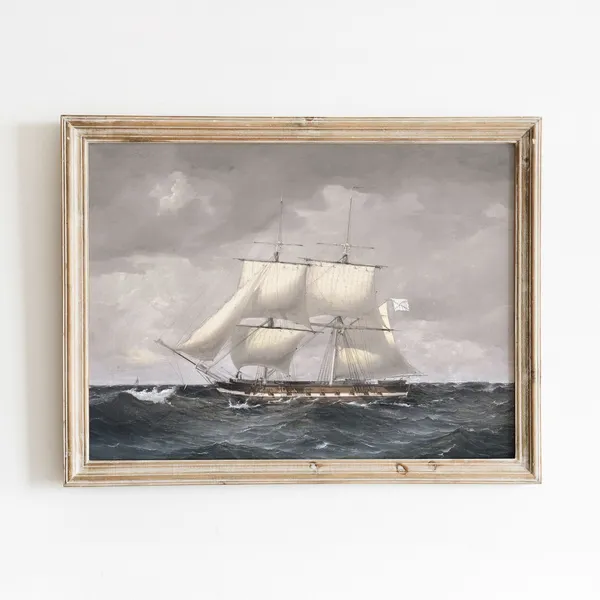 White Sails Vintage Ship Art Print, Antique Nautical