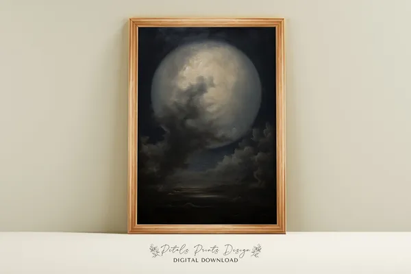 Vintage Halloween Full Moon Painting, Spooky Art Print