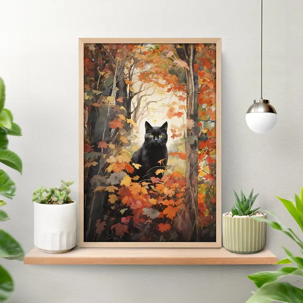 Autumn Black Cat Watercolor Art Print, Forestcore