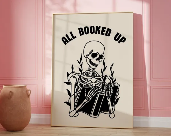 Skeleton Reading Poster, Retro Bookworm Quote Art