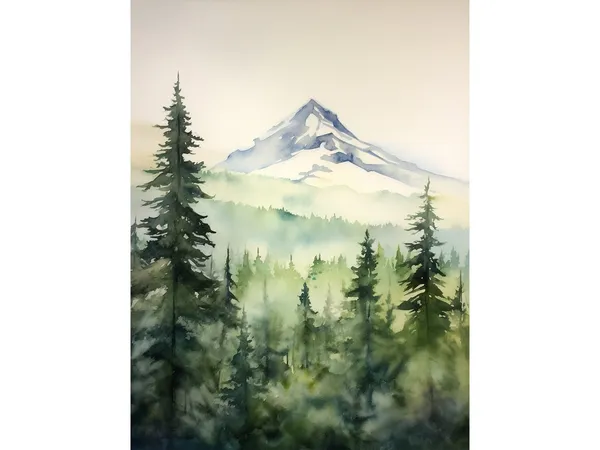 Mountain Forest Watercolor Print, Misty Landscape