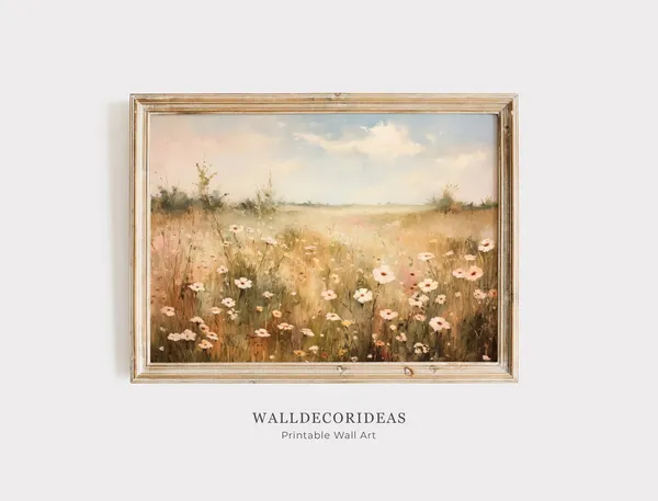 Wildflower Field Landscape Print, Vintage Farmhouse Decor