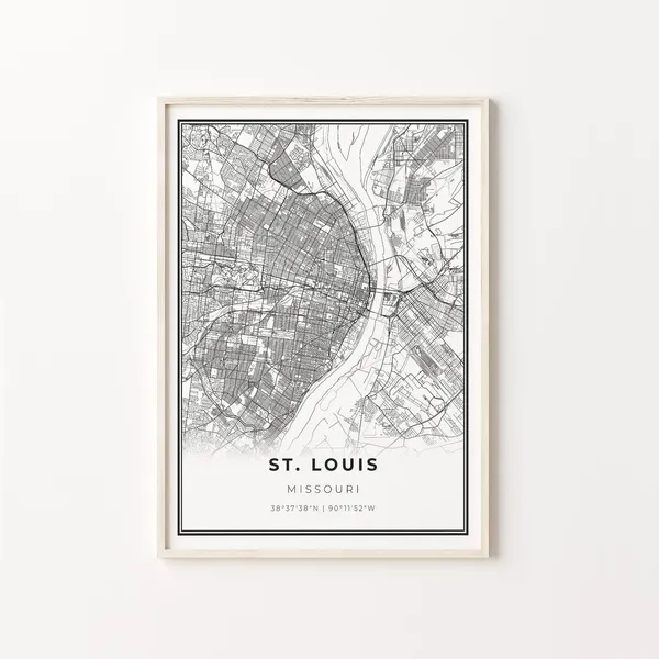 St. Louis City Map Art Print, Modern Black and White
