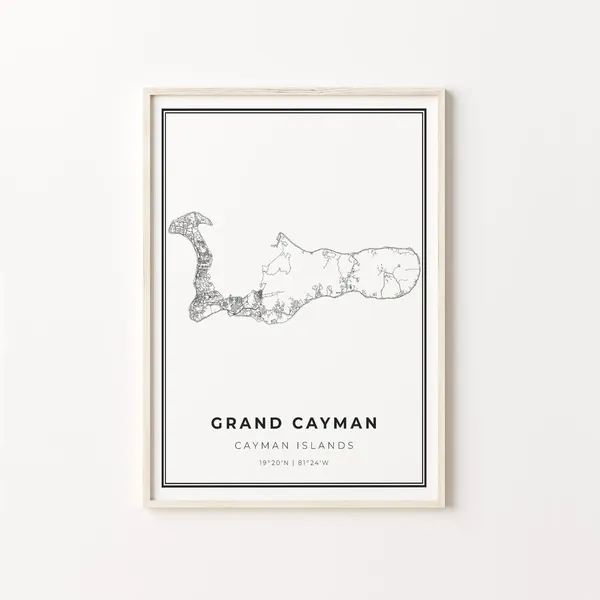 Grand Cayman City Map Art Print, Black And White Style