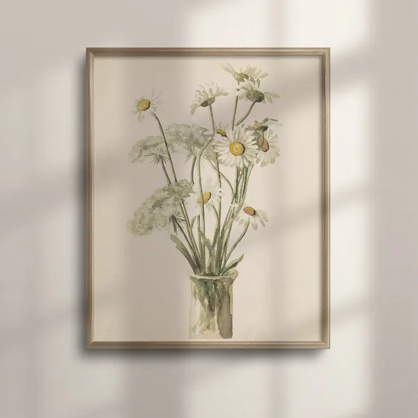 Botanical Daisy Watercolor Art Print, Vintage Farmhouse