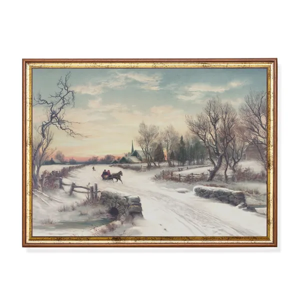 Winter Landscape Snow Village City, Vintage Art Print