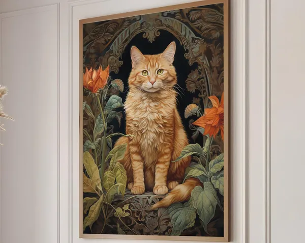 William Morris-Inspired Orange Cat Autumn Art Print