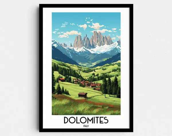 Dolomites Travel Poster, Funes Italy Landscape