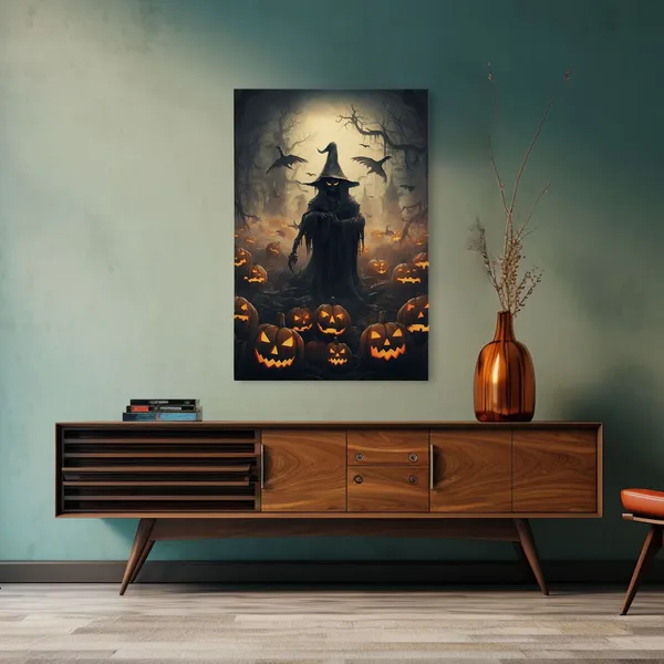 Scarecrow and Jack O'Lantern Field, Halloween Art Print