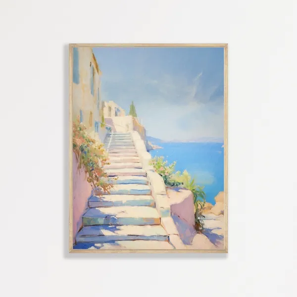 Coastal Stairs, Minimal Retro Seascape Art Print