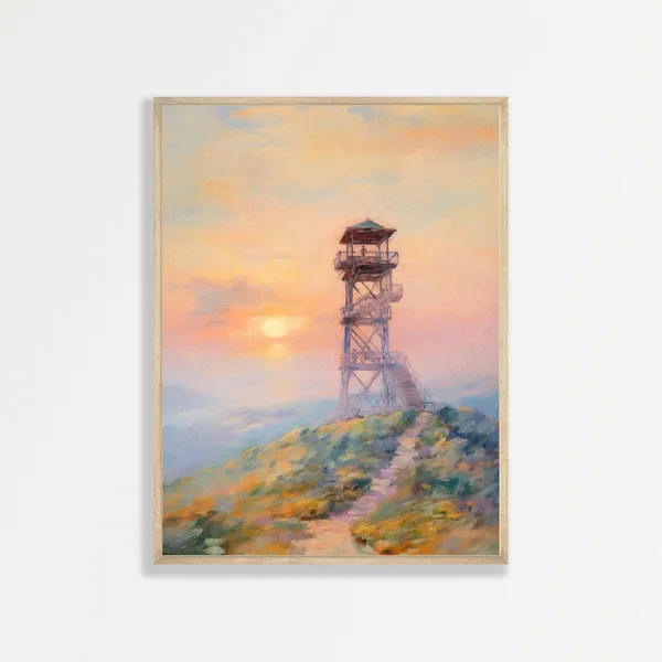 Fire Lookout Print, Muted Pastel Retro Landscape
