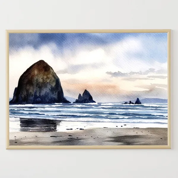 Cannon Beach Oregon Watercolor Travel Poster