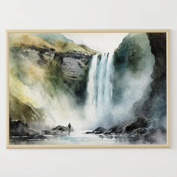 Skogafoss Watercolor Travel Poster, Iceland Sudurland