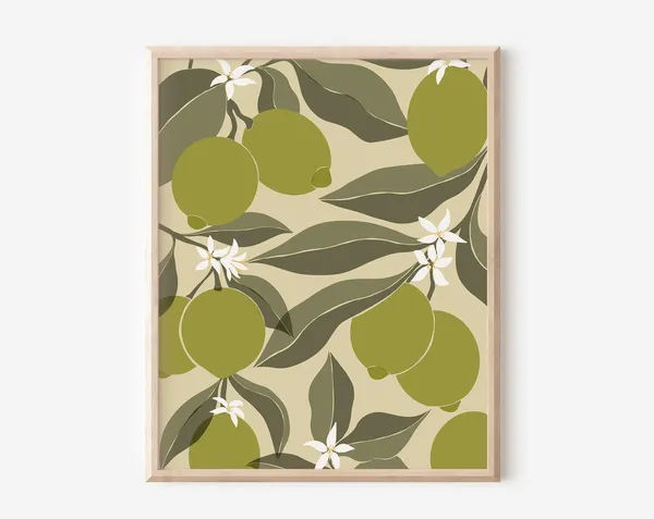 Limes Abstract Botanical Art Print, Boho Kitchen