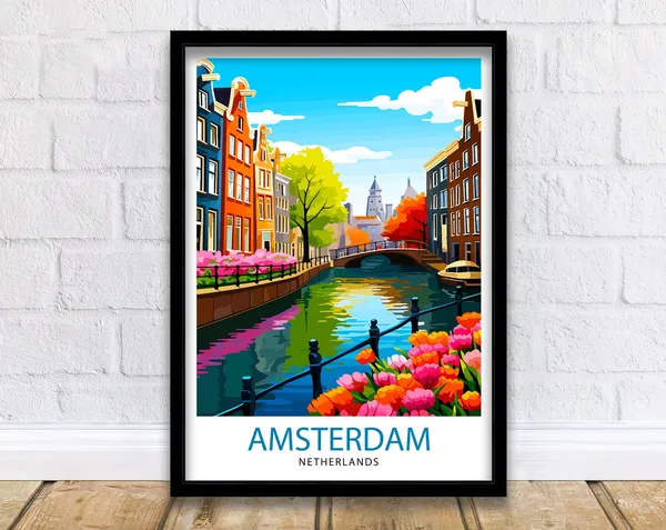 Amsterdam Travel Poster, Netherlands Cityscape Art Print