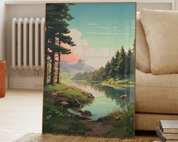 Lofi Anime Forest And Lake Landscape Art Print