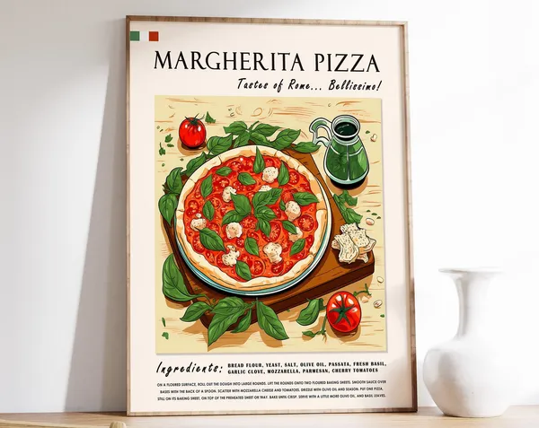 Margherita Pizza Italian Food Poster, Kitchen Print