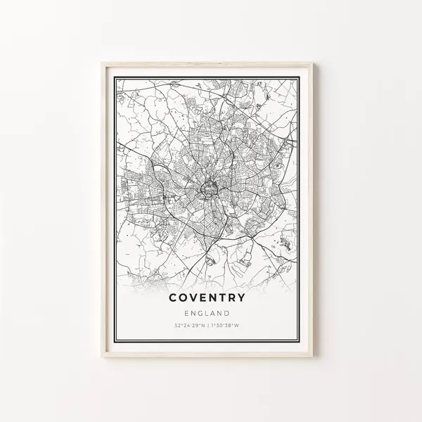 Coventry City Map Art Print, Modern Black and White