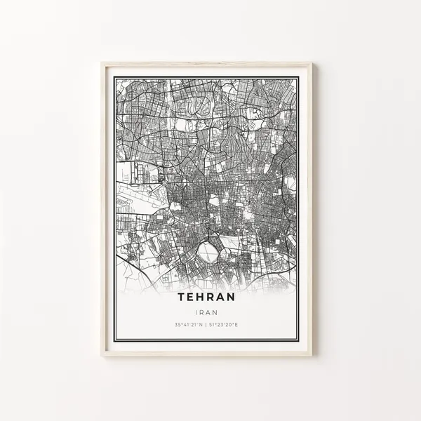 Tehran City Map Print, Modern Black and White