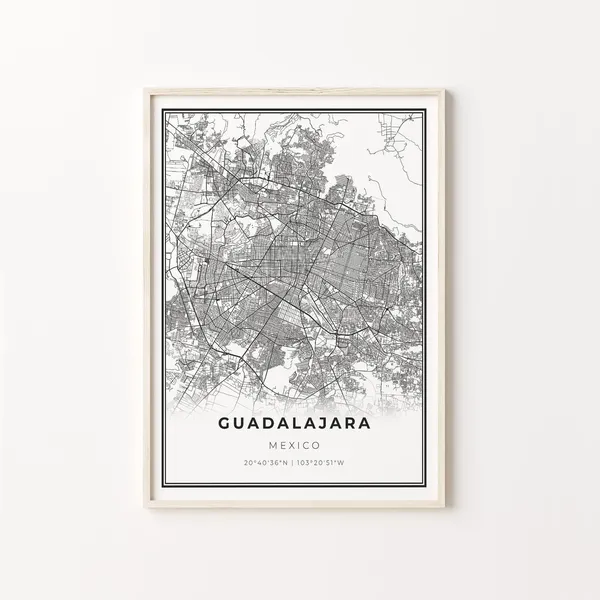 Guadalajara City Map Art Print, Modern Black and White