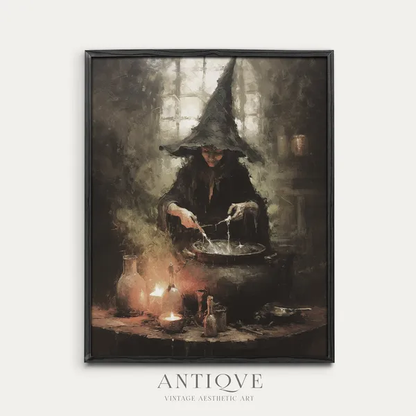 Witch Making Potions In Her Cauldron, Halloween Art Print