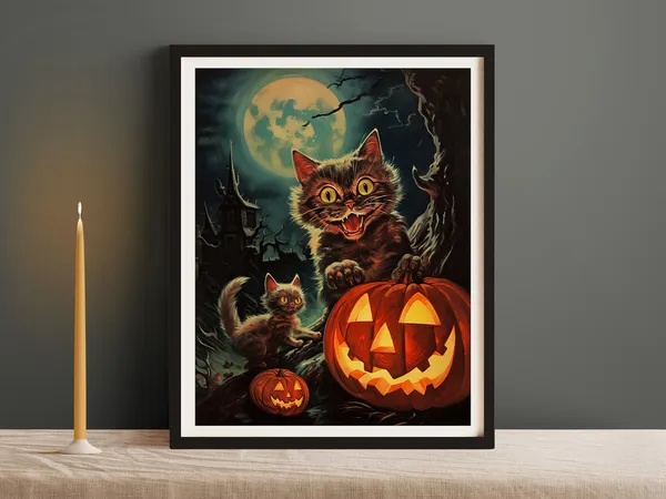 Vintage Illustration Style Halloween Cats Art Print